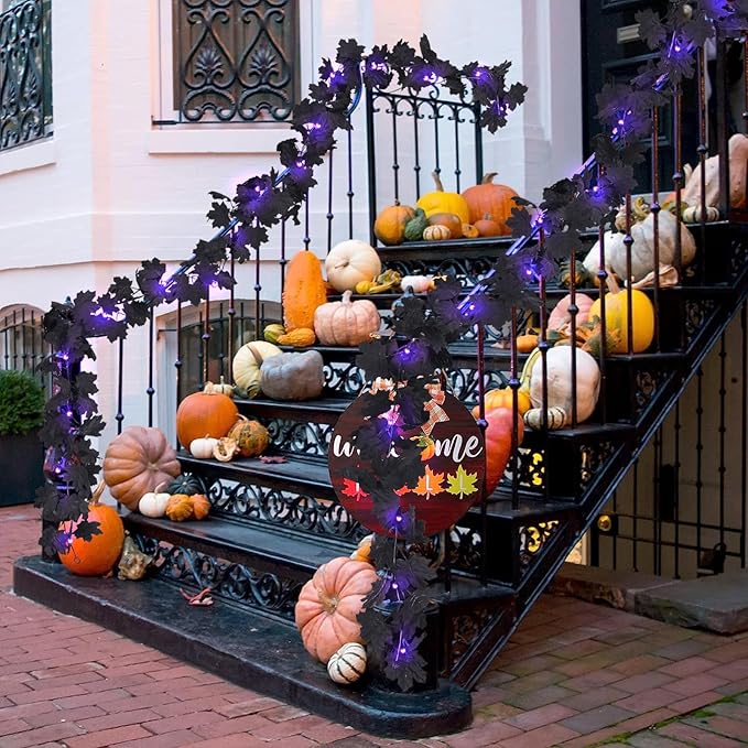 RECUTMS Halloween Maple Leaf Garland with Purple Lights - Black Artificial Leaves Decor for Home Mantle, Stairs, Indoor/Outdoor - 2 Pack-Ruum Studio Home