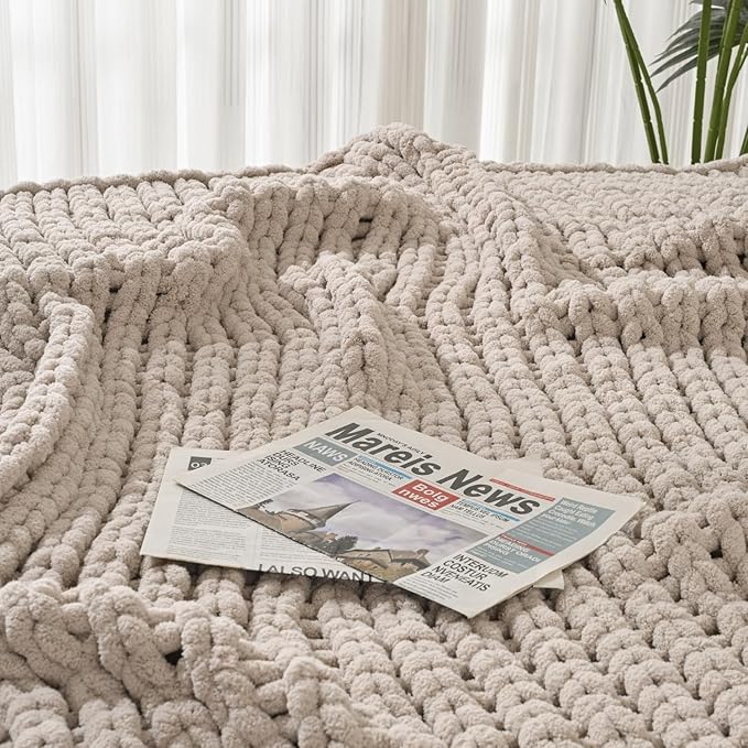Esterra Chunky Knit Blanket Throw 60"x80", 100% Hand Knitted Chenille Throw Blanket, Cozy Soft Thick Cable Knit Throw Large Rope Knot Crochet Throw Blanket for Sofa Couch Bed, Linen Beige-Ruum Studio Home