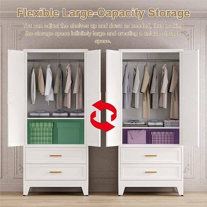 71'' Farmhouse Metal Wardrobe Cabinet with Hanging Rod, 2 Barn Door Wardrobe Closet with Adjustable Shelves,2 Drawer,for Dining Room,Bedroom,Living Room, Cloak Room,Office (White)-Ruum Studio Home