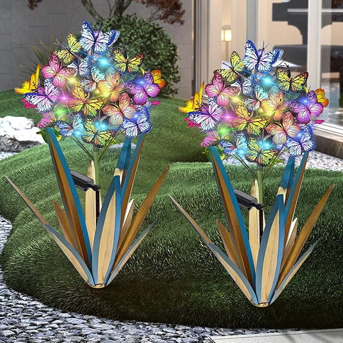 Homight Solar Metal Agave Butterfly Flower Stick Garden Sculpture - Outdoor Gift, Christmas Lights - Swaying Butterfly Garden Lights (2 PCS Blue)-Ruum Studio Home
