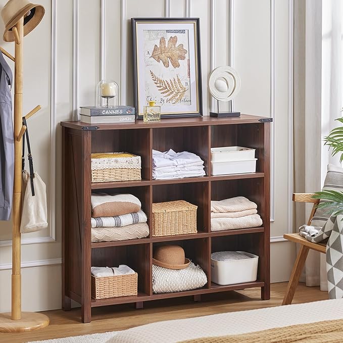 9 Cube Bookcase, Farmhouse 47 Inch Wide Brown Walnut Bookshelf, Wooden 3 Tier Display Large Open Book Shelf, Vintage Horizontal Book Case for Home Office, Cubby Storage Cabinet for Living Room-Ruum Studio Home