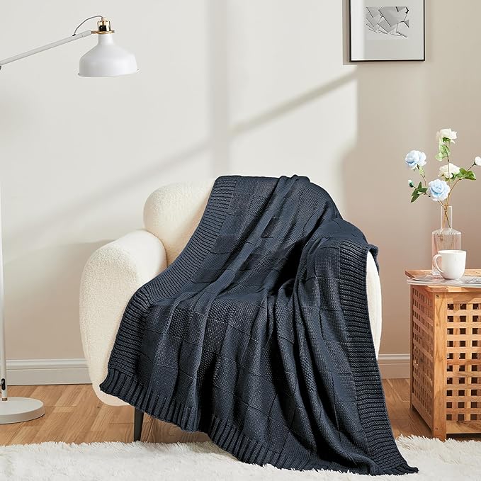 CozeCube Check Knit Throw Blanket, Midnight Navy Checkered Throw for Couch, Decorative Christmas Soft Cozy Warm Knitted Blanket for Bed Sofa Living Room, 60"X80"-Ruum Studio Home