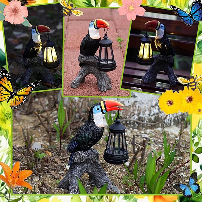 Toucan Garden Statues Decor, Solar Waterproof 9.5" Colorful Tropical Bird Sculpture with LED Lights Funny Garden Outdoor Exotic Bird Sculpture Decoration for Lawn Porch Yard Patio Tiki Bar-Ruum Studio Home