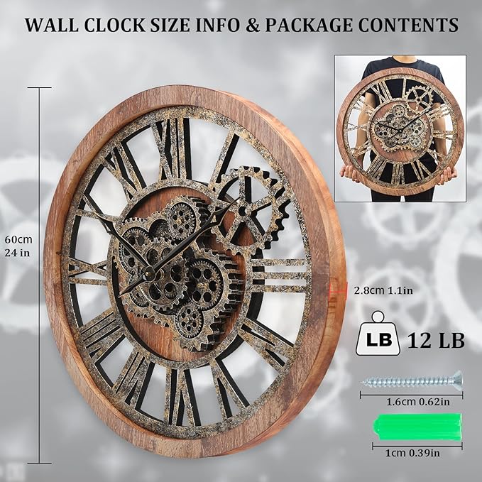HOIBAI Large Wall Clock 24 Inch Large Clocks for Living Room Decor with Moving Gears Vintage Industrial Steampunk Farmhouse Big Clock for Home Kitchen Bedroom Office-Ruum Studio Home