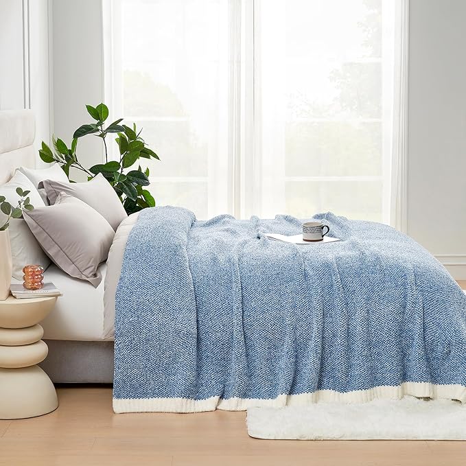 Snuggle Sac Queen Size Bed Blanket Heather Blue, Reversible Super Soft Microfiber Blankets Warm Cozy Knit Fuzzy Plush Bed Blankets, Blue, Queen 90x90-Ruum Studio Home