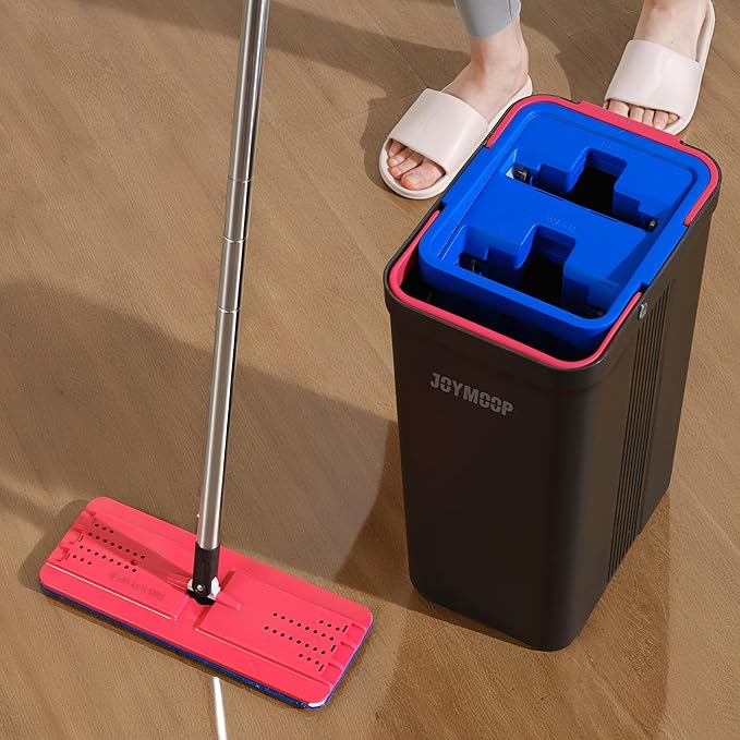 JOYMOOP Mop and Bucket with Wringer Set, Hands Free Flat Floor Mop and Bucket, with 4 Washable Microfiber Pads, Wet and Dry Use, Floor Cleaning System - Black+Red+Slate Blue-Ruum Studio Home