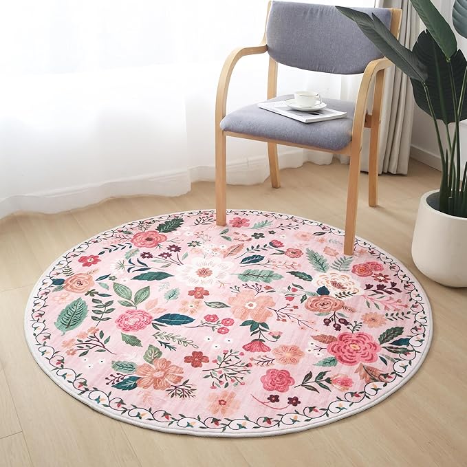 Round Rug 4ft Washable Circle Rug Non Slip Low Pile Boho Floral Small Circular Rug for Bedroom, Bathroom, Entryway, Kids Room, Office, College Dorm(Pink)-Ruum Studio Home