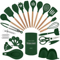 Country Kitchen Non Stick Silicone Utensil Set with Rounded Wood Handles for Cooking and Baking, 38 Piece Set, Green-Ruum Studio Home