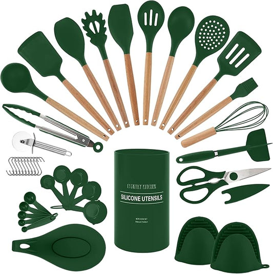 Country Kitchen Non Stick Silicone Utensil Set with Rounded Wood Handles for Cooking and Baking, 38 Piece Set, Green-Ruum Studio Home