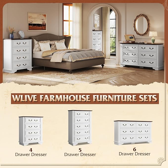 WLIVE Farmhouse Dresser for Bedroom, Tall Wood Dresser with 4 Drawers, Chest of Drawers with Roman Metal Handle for Living Room, Hallway, Closet, White-Ruum Studio Home