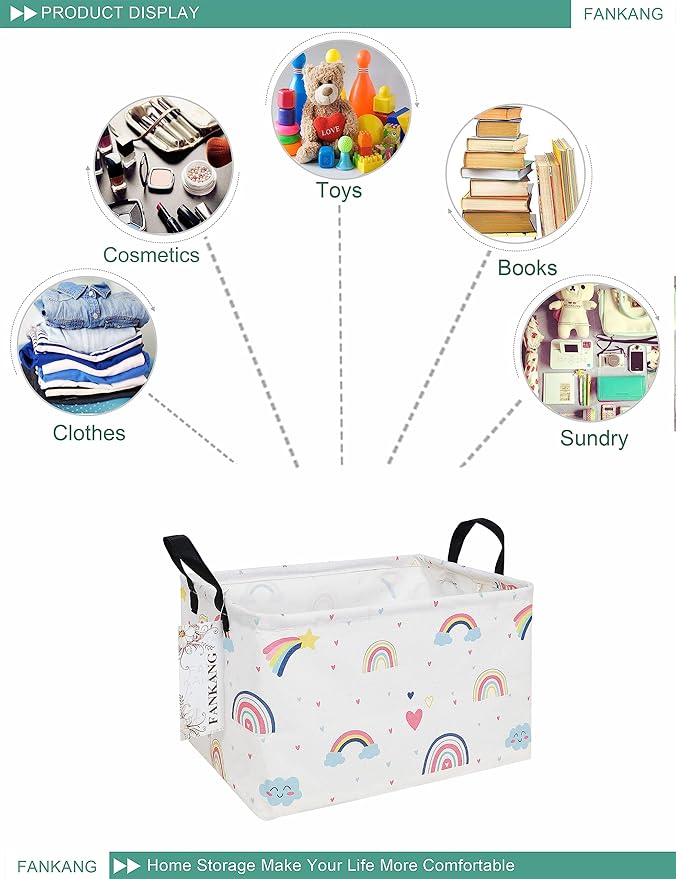 FANKANG Storage Bins, Nursery Hamper Canvas Laundry Basket Foldable with Waterproof PE Coating Large Storage Baskets for Kids Boys and Girls, Office, Bedroom, Clothes,Toys(Rec-Love Rainbow-Ruum Studio Home