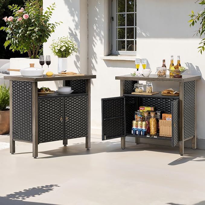 Outdoor Storage Cabinet, Woven Rattan Bar Table with 2 Doors, Slatted-Top, Wicker Console Table for Patio, Garden, Backyard, Kitchen - Black-Ruum Studio Home