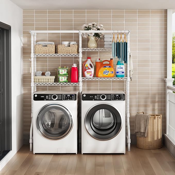 U14 Over Washer and Dryer Storage Shelves, 4 Tiers Laundry Room Storage and Organizer System, Space Saving Clothes Drying Rack with 2 Clothes Hanger Rods, 66.5" W x 20.5" D x 77.4" H, White-Ruum Studio Home