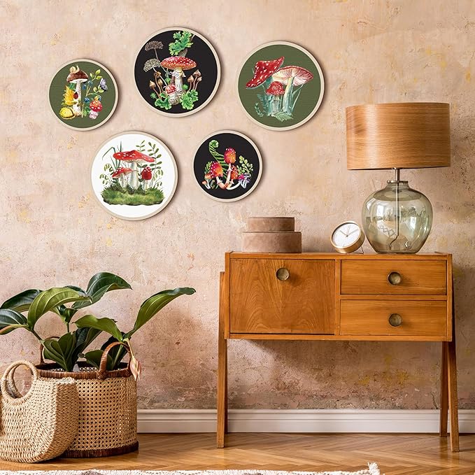 Qunclay 5 Pcs Wall Art Decor Wooden Living Room Wall Decor Bohemian Hanging Farmhouse Geometric 10'' and 8'' Aesthetic Wood Minimalist Posters for Bedroom(Mushroom)-Ruum Studio Home