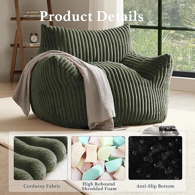 Giant Plush Bean Bag Chair for Adults with Armrests - Oversized Comfy Green Beanbag Lounge Lazy Floor Sofa Accent Chair for Living Room, Bedroom & Dorm, Cozy Fluffy Single Cloud Mini Couch-Ruum Studio Home