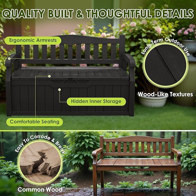 Greesum 80 Gallon Outdoor Storage Bench, Resin Patio Furniture with Armrest,Waterproof and UV-Resistant, Perfect to Garden, Poolside and Lawn, Dark Black-Ruum Studio Home