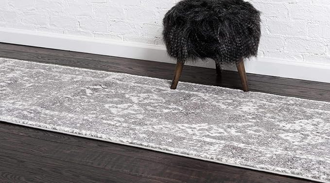 Unique Loom Rosso Collection Vintage, Traditional, Bohemian, Geometric, Distressed, Southwestern Area Rug (2' 7 x 10' 0 Runner, Gray/Ivory)-Ruum Studio Home
