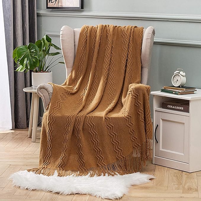 MIULEE Knitted Brown Throw Blanket for Couch,Boho Bed Decor Knit Outdoor Blankets Throw Size with Tassels Cozy Woven for Sofa Home Chair Wave Pattern 50" x 60" Inches-Ruum Studio Home