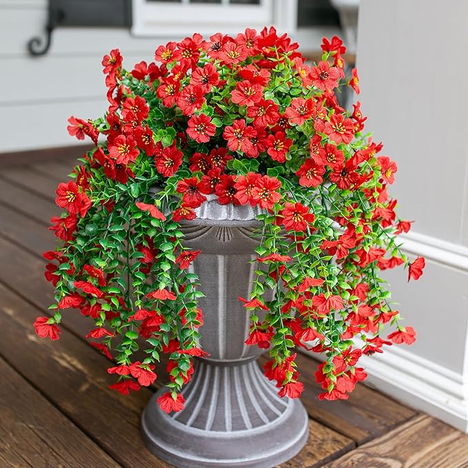 INSPRING Artificial Faux Outdoor Outside Flowers Plants, 2 PCS Fake Silk UV Resistant Look Real Red Daisy Trailing Vines for Front Door Porch Planter Urn Patio Balcony Decoration-Ruum Studio Home