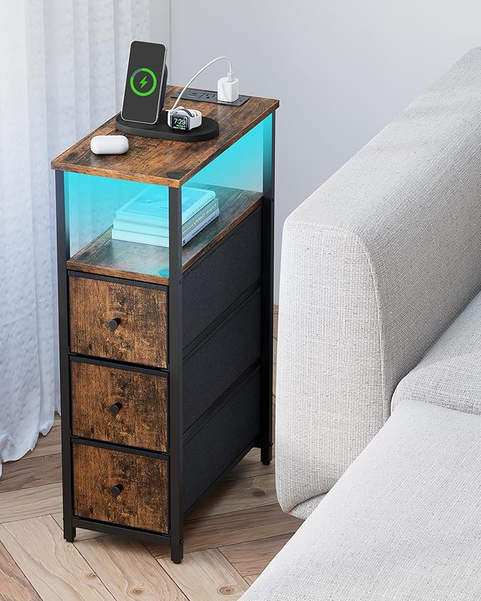 TUTOTAK Narrow LED Night Stand with Charging Station, Slim End Table with Plugins, Tall Side Table with 3 Fabric Drawer, Small Bedside Table with Storage, for Living Room, Brown TB01BB086L-Ruum Studio Home