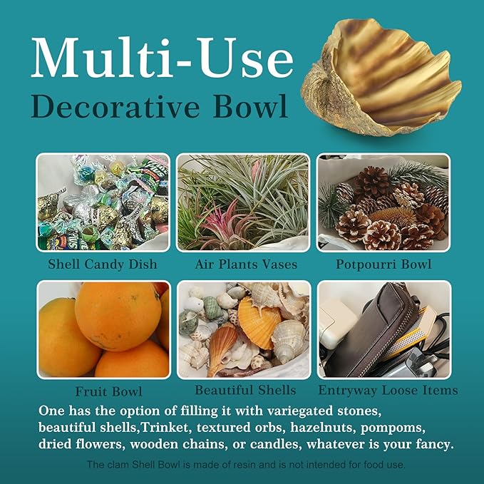 Large Clam Shells Decorative Bowl-Bronze/Golden Sea Shells Decorative Storage Bowls for Coastal Beach theme house table centerpiece decorations & Nautical decorations for coffee table -10.2"-1PC-Ruum Studio Home