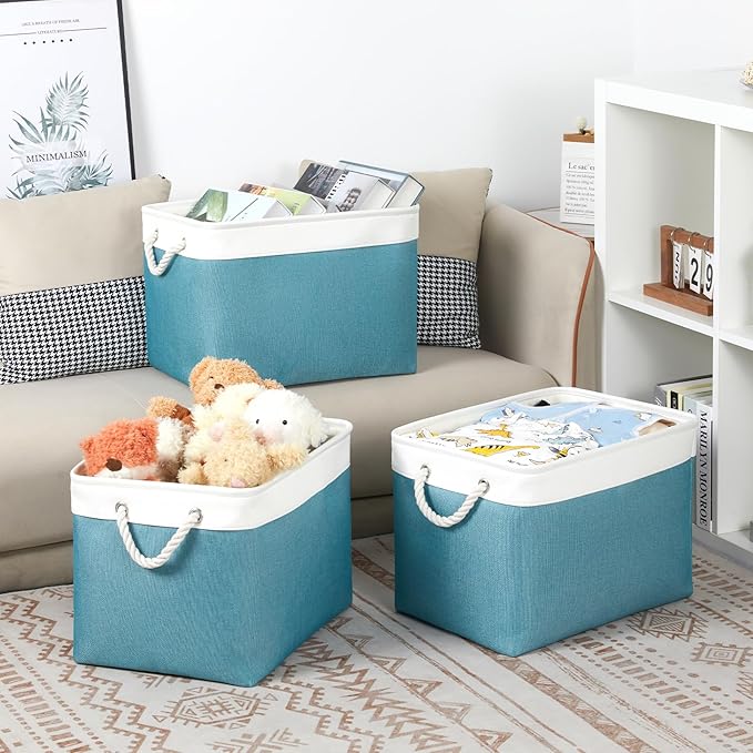 Bidtakay Large Storage Baskets for Shelves 3 Pack 16x11.8x11.8 Inch Storage Bins for Organizing Fabric Storage Cubes for Closet Clothes Basket Laundry-White&Teal-Ruum Studio Home