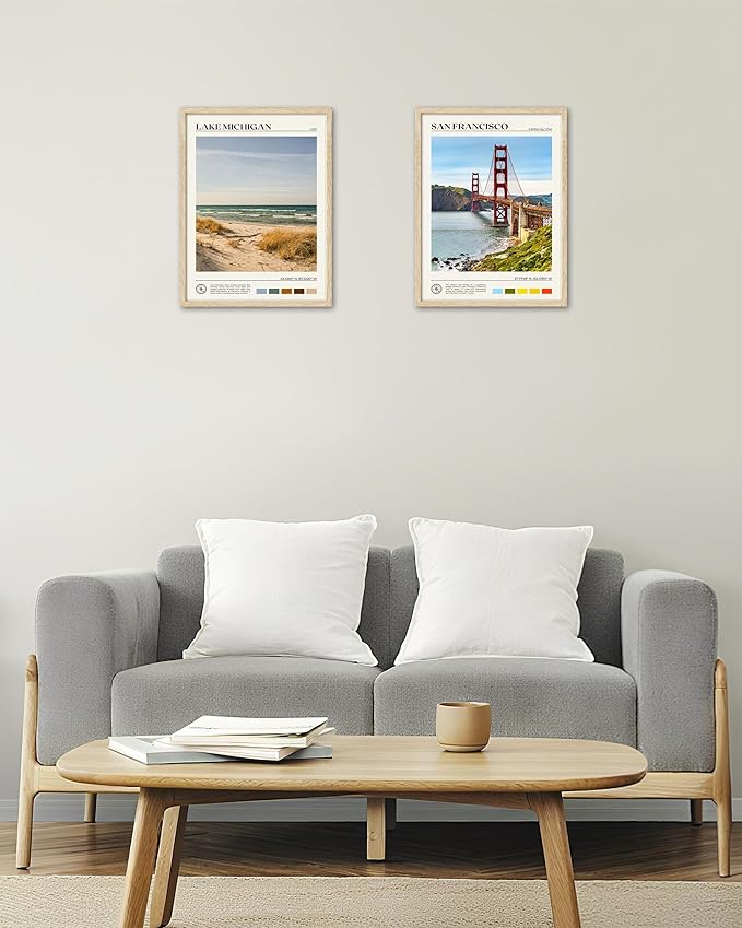 HesenDot Natural OAK Wood Lake Michigan Framed Wall Art,12x16in Natural Scenery Canvas Wall Print,Classic Urban City Landmark Wall Decor for Living Room,Bedroom,Office Gallery Gifts Set of 1-Ruum Studio Home