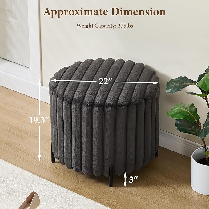 Furniliving Modern Round Ottoman, Large Size Bedroom Ottoman Footstool Round Ottomans Stool for Living Room, Bedroom, Makeup Room, Black, Faux Fur-Ruum Studio Home