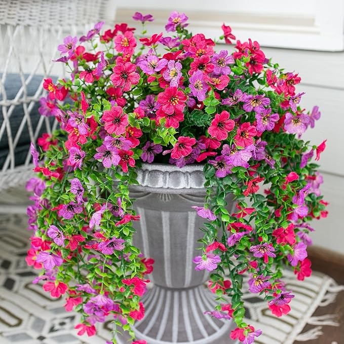 Artificial Faux Hanging Flowers Plants for Outdoor Decor, 2 PCS Outside Fake Silk Violets with Eucalyptus UV Resistant Realistic Daisy Trailing Vines for Planter Balcony Porch Patio Yard, Purplepink-Ruum Studio Home