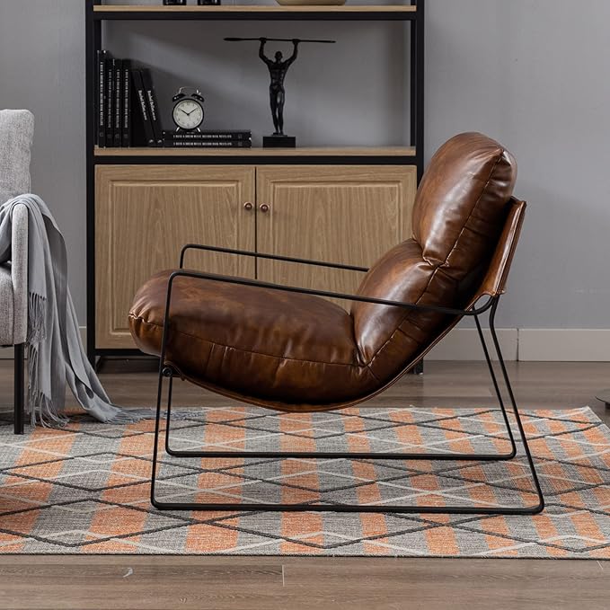 DUOMAY Mid-Century Accent Chair Armchair, Comfy PU Leather Leisure Chair Lazy Chair with Metal Leg for Living Room Bedroom Office Apartment, Brown-Ruum Studio Home