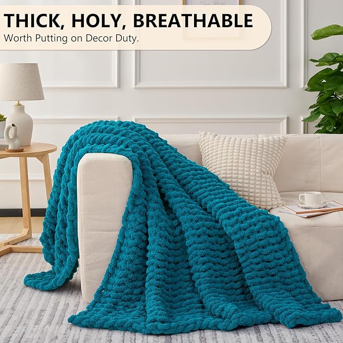 L'AGRATY Chunky Knit Blanket Throw: 60''x80'' Chenille Chunky Knitted Throw Blanket for Bed Couch - Handmade Thick Big Cable Knit Blanket - Large Crochet Rope Blanket for Home Decor(Teal)-Ruum Studio Home