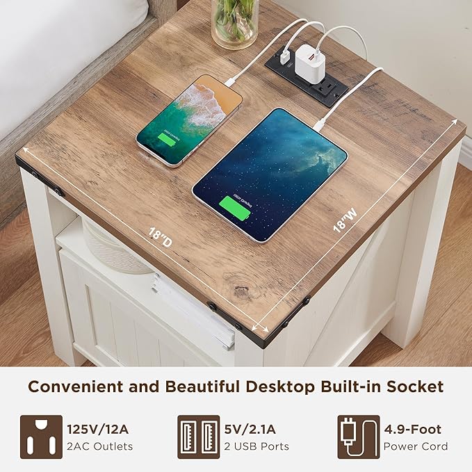 OKD Farmhouse Nightstand with Charging Station, 18" Rustic End Table with Adjustable Storage Shelf, Wood Rustic Wood Sofa Side Table for Bedroom-Ruum Studio Home