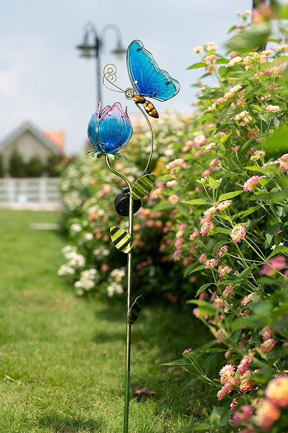 TERESA'S Collections Flower Yard Decorations Outdoor, 42'' Blue Glass Butterfly Solar Outdoor Lights Garden Decor for Outside, Metal Yard Art Garden Stake Decorative for Patio Decor,Gifts for Mom-Ruum Studio Home