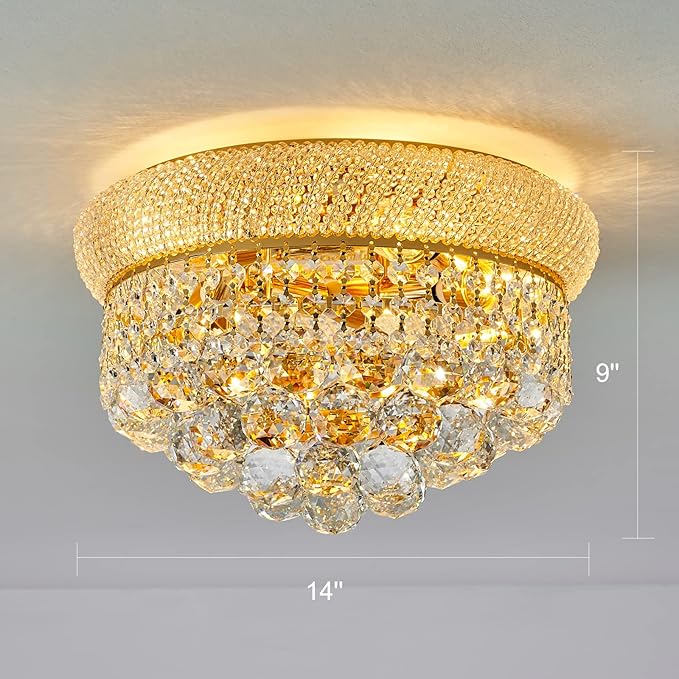 5-Light Crystal Flush Mount Chandelier Ceiling Light Fixture for Living Room Dining Room Bedroom Foyer Entryway Hallway Closet Bathroom (Gold D14)-Ruum Studio Home