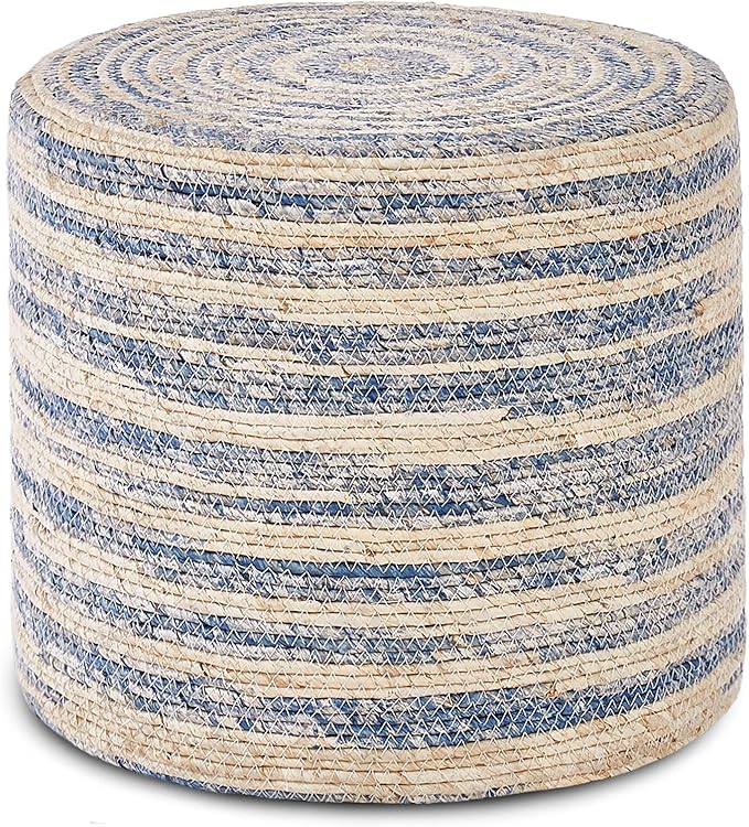 Wimarsbon 18'' Ottoman Pouf, Natural Braided Poof, Rustic Handweave Lounge Pouffe, Boho Footrest Stool for Bedroom, Accent Table for Living Room (Blue Corn Husk)-Ruum Studio Home