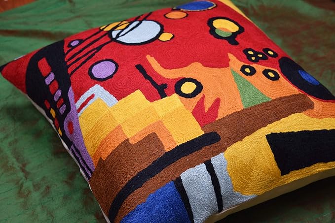 Kandinsky Contemporary Throw Pillow Cover - Heavy Red Space Modern Cushion | Abstract Throw Pillows | Contemporary Pillow | Abstract Chair Cushions | Hand Embroidered Cushion | Wool Size 18x18-Ruum Studio Home