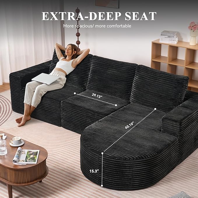 Modular Sectional Sofa with L-Shape Chaise,Cloud Sectional Modern Sleeper Couch with Deep Seat,Sponge Compression Sofas No Assembly Required (Black-Sherpa Fabric) 1PCS-Ruum Studio Home