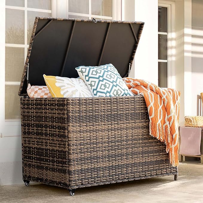 178 Gallon Outdoor Storage Box, Handle Large Portable Wicker Rattan Deck Box for Patio Furniture Cushions, Patio Deck Box with 2 WheelsThrow Pillows, Garden Tools and Pool Floats (Brown)-Ruum Studio Home