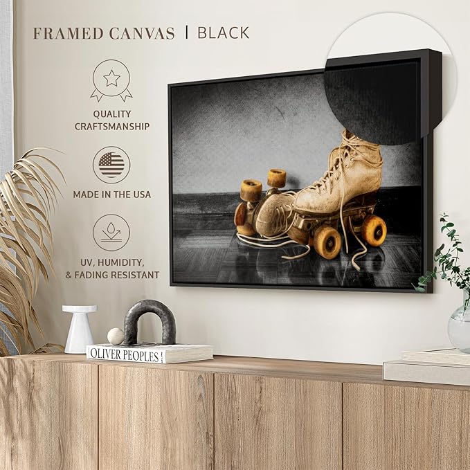 ElephantStock Vintage Skates Pop Wall Art - Horizontal Framed Canvas - 1-Piece Living Room Wall Decor - Sport Photography Canvas Print - Beige and Black Decor for Wall - 37" X 25"-Ruum Studio Home