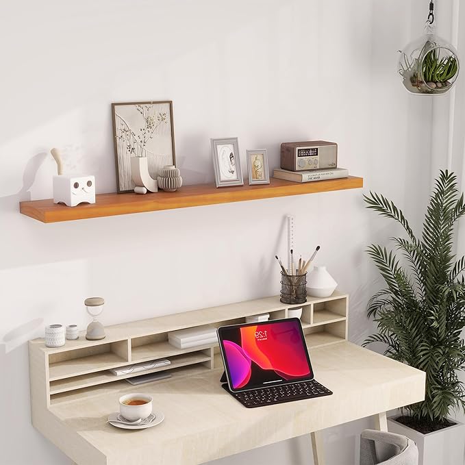 Light Brown Wooden Floating Wall Shelves 48 Inches Long x 8”x 1.4” Shelf Floating Rustic Farmhouse Decor, Heavy Duty Shelf Hold 100 lbs, Wall Shelves for Bathroom Living Room Kitchen Bedroom Office-Ruum Studio Home