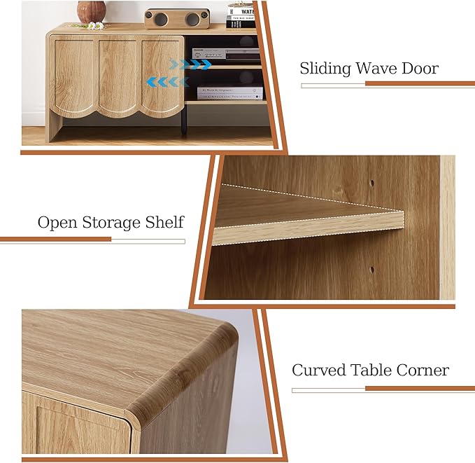 ORRD 63'' TV Stand, Modern TV Console Table Wave Panel Television Stands Entertainment Media Center with Storage Compartment and Sliding Door for Living Room (Natural)-Ruum Studio Home