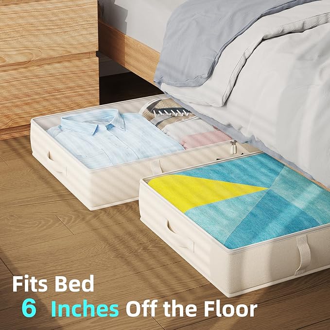2-Pack Under Bed Storage, 6 Inches Tall Closet Organizers and Storage Bins with Sturdy Sidewalls/Bottom/4 Handles, Beige-Ruum Studio Home