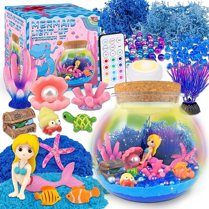 Mermaid Terrarium Craft Kit for Kids - LED Night Light Up & Remote Mermaid Birthday Gifts Toys for Girls Age 5 6 7 8 9 10 11 12 Year Old-Ruum Studio Home