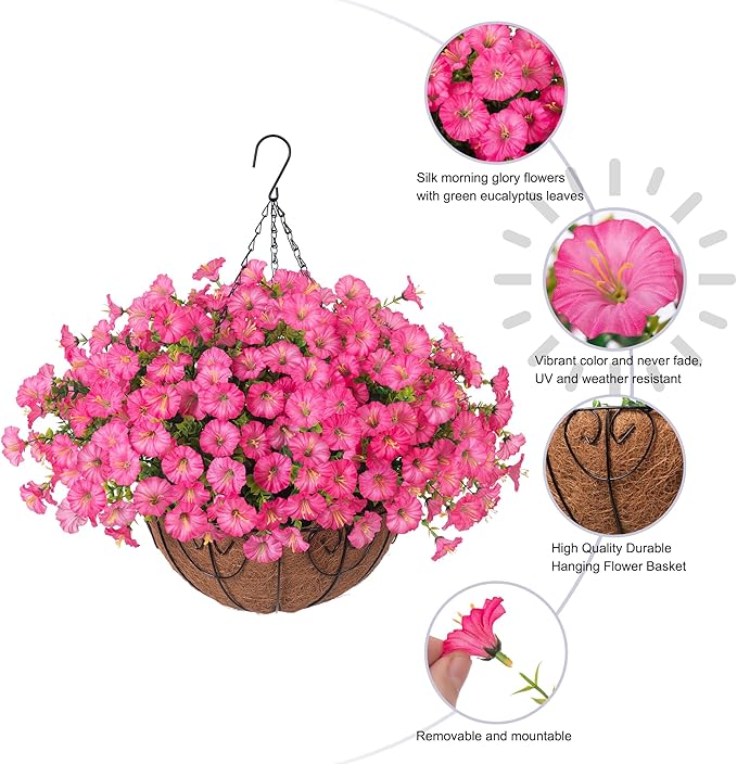 Artificial Faux Hanging Plants Flowers Basket for Outdoors Outside Spring Summer Decoration, Silk Pink Morning Glory in Planter UV Resistant Look Real Fake Flowers for Porch Patio Balcony Home Yard-Ruum Studio Home