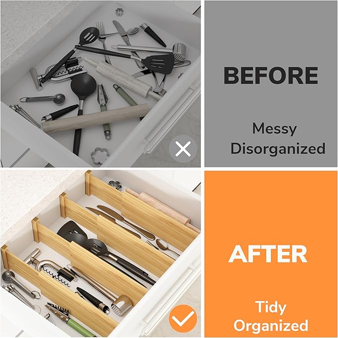 BAMEOS 4 PCS Bamboo Drawer Divider Adjustable Drawer Dividers Kitchen Drawer Organization Utensil Organizers for Kitchen Dresser Bathroom Bedroom and Office-Ruum Studio Home