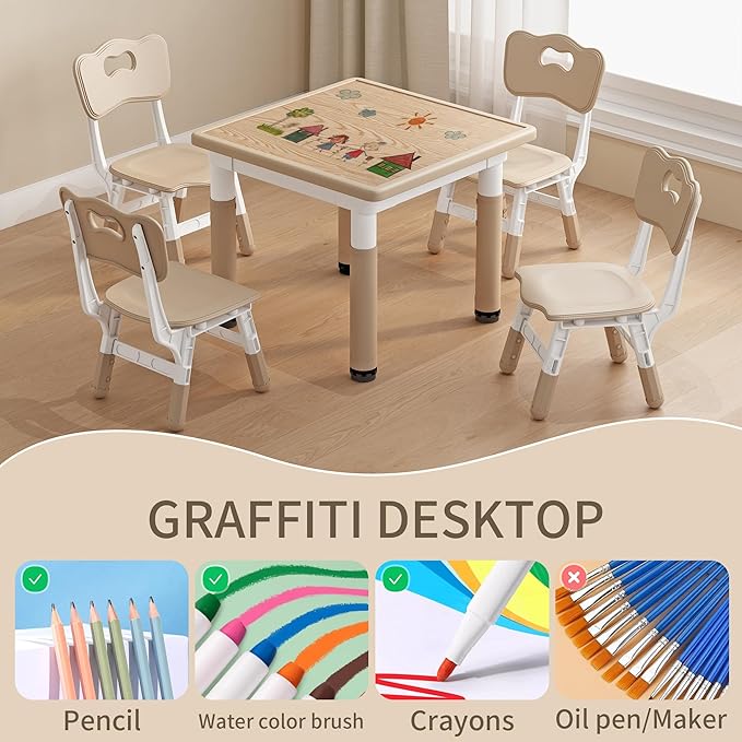 Kids Table and Chairs, Height Adjustable Childrens Table and Chair Set, Kids Tables for Age 2-8, Graffiti Desktop, Table for Kids with 2 Seats, Small Kids Table, Max 300lbs-Ruum Studio Home