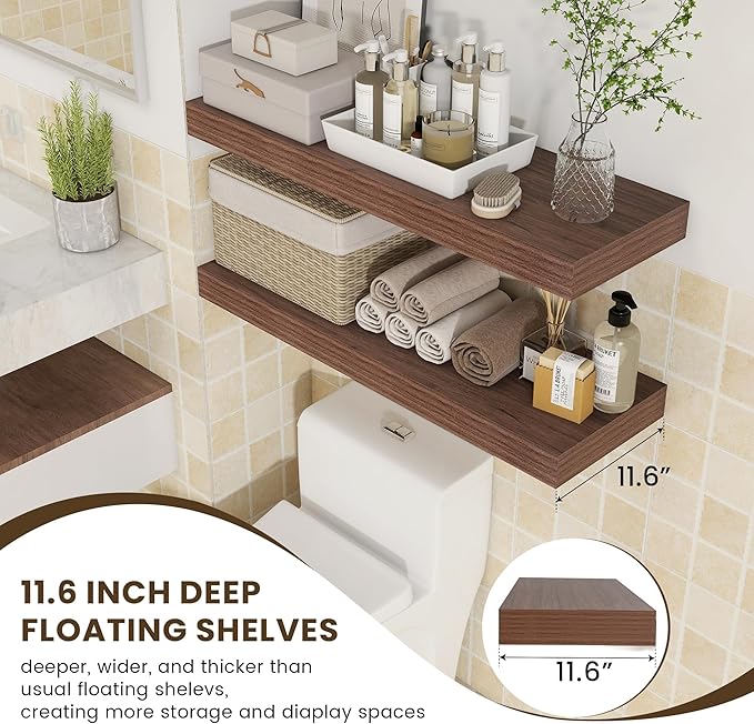 Deep Floating Shelves for Wall, 36'' x 12'' Rustic Large Floating Shelves Set of 2, 12 Inch Deep Walnut Wood Wall Shelves for Living Room Bathroom Laundry Room Bedroom Kitchen Home Office - Walnut-Ruum Studio Home