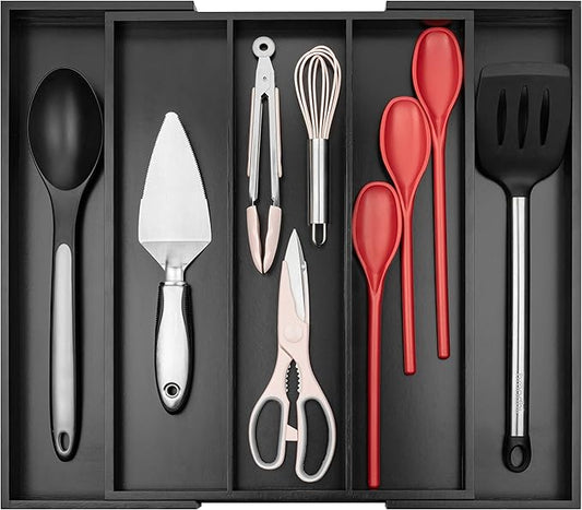 Purawood Kitchen Drawer Organizer - Expandable Utensil Organizer for Kitchen, Cutlery Tray & Silverware Organizer, 3-5 Slots - Bamboo Drawer Organizer for Utensils & Flatware (Black)-Ruum Studio Home