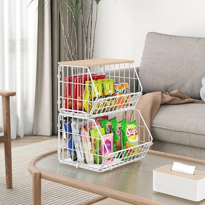 Wetheny 2 Tier Stackable Wall Mounted Wire Basket Fruit Basket with Wood Lid - Kitchen Pantry Organization and Storage, Hanging Storage Basket for fruits, Onion, Potato, Produce, Vegetable (White)-Ruum Studio Home