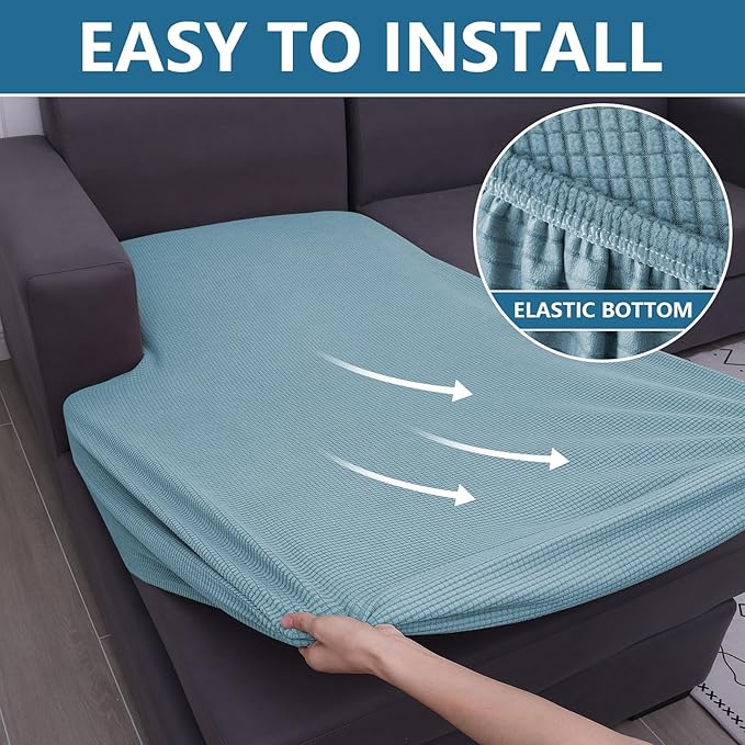 hyha Waterproof Sectional Couch Covers, Non Slip Sofa Couch Cushion Covers L Shape, Thick Stretch Jacquard Fabric, Washable Sofa Slipcovers with Elastic Bottom (1 Piece for Chaise, Lake Blue)-Ruum Studio Home